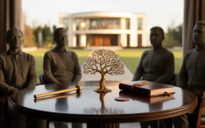 Illustration premium BMPA de gouvernance et transmission intergénérationnelle : table ronde en bois/marbre vue en légère plongée, 3–4 silhouettes anonymes, arbre généalogique doré, témoin ou pièce d’échecs, dossier fermé et sceau, demeure patrimoniale floue en arrière-plan, lumière douce bleu nuit ivoire or.