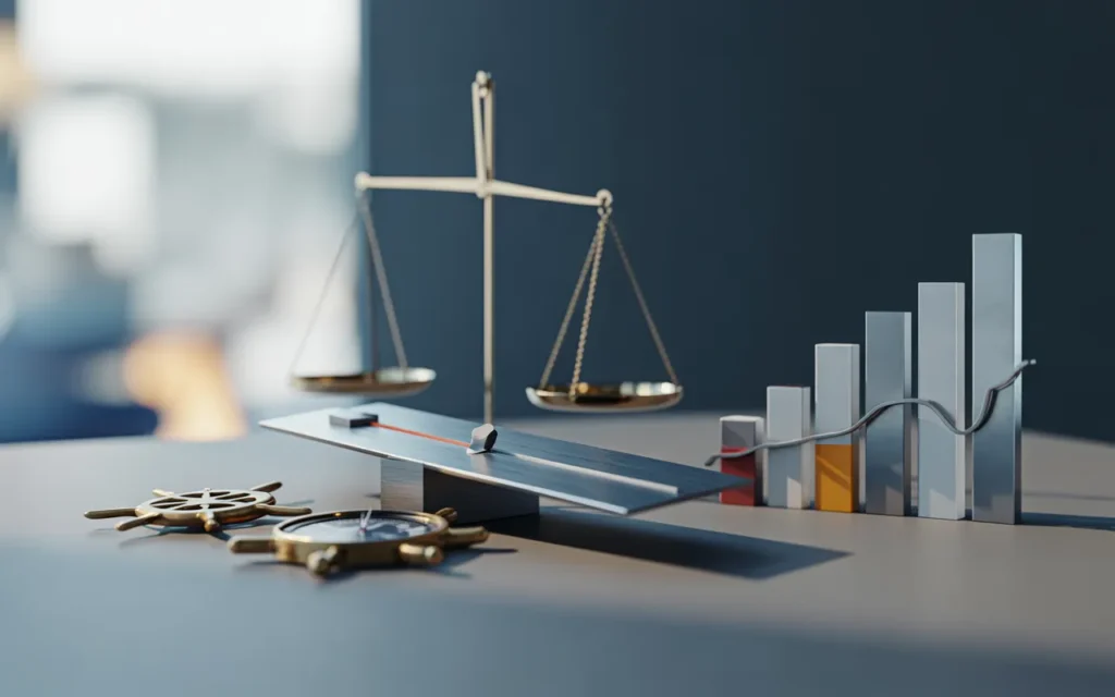 Illustration photoréaliste premium BMPA d’un profil de risque pilotant l’allocation d’actifs : curseur physique, boussole, gouvernail stylisé, graphique 3D en verre et aluminium, balance discrète sur bureau minimaliste, lumière douce et bokeh.