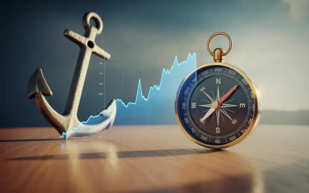 Vignette premium fintech BMPA : boussole métallique au premier plan sur bureau minimal, ancre ou rocher discret, courbe de marché abstraite en ruban lumineux traversant une tempête vers un ciel clair, symbole de stratégie patrimoniale long terme et résilience.