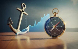 Vignette premium fintech BMPA : boussole métallique au premier plan sur bureau minimal, ancre ou rocher discret, courbe de marché abstraite en ruban lumineux traversant une tempête vers un ciel clair, symbole de stratégie patrimoniale long terme et résilience.