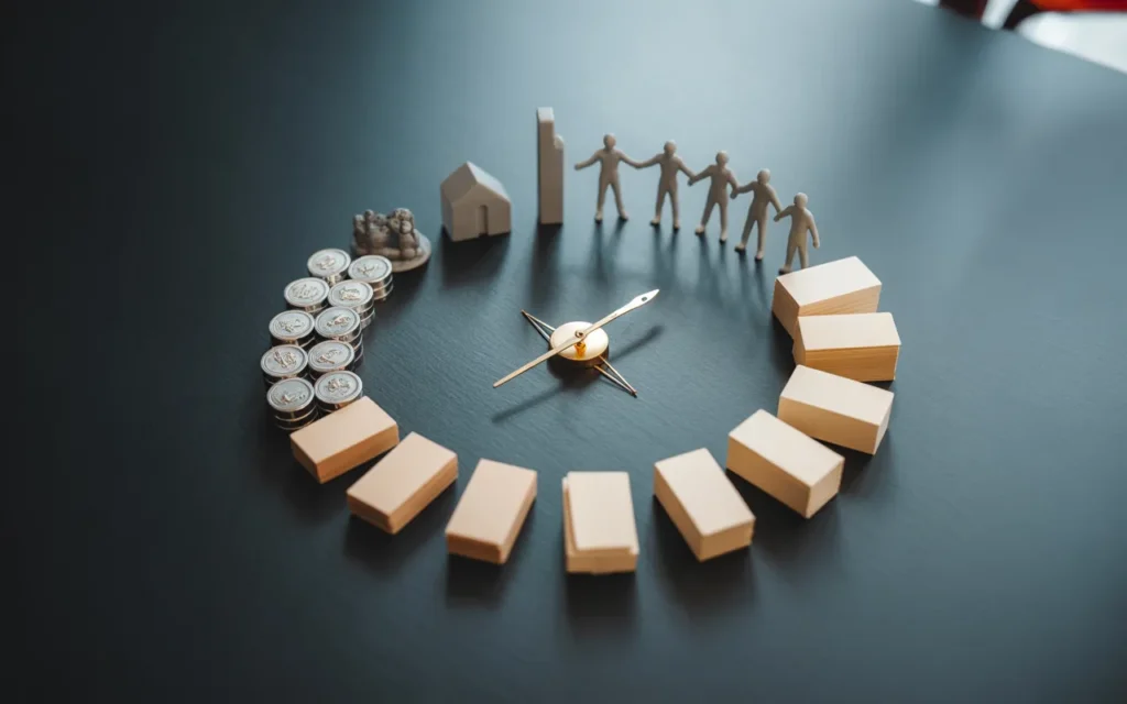 Vignette premium BMPA montrant une table sombre en légère plongée avec une composition circulaire d’objets symbolisant la diversification d’un portefeuille (jetons métalliques, documents vierges, figurines reliées, miniature de maison) et un compas, éclairage studio et palette bleu nuit.