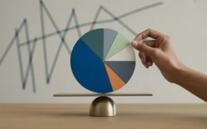 Vignette finance BMPA : vue en légère plongée d’un bureau minimaliste avec camembert d’allocation d’actifs en segments physiques, main ajustant un segment, balance fine et courbes de marché abstraites en arrière-plan, rendu photoréaliste premium.