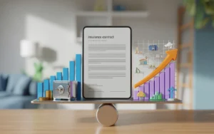 Vignette 3D premium BMPA sur l’assurance‑vie en France : contrat au centre, à gauche coffre-fort et courbe stable (fonds euros), à droite graphique ondulant et icônes d’actifs (unités de compte), avec loupe sur une pièce et engrenage pour symboliser les frais, fond dégradé clair sans texte.