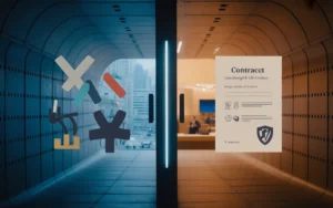 Vignette éditoriale 3D premium en split-screen comparant assurance-vie luxembourgeoise et assurance-vie française : coffre-fort bleu nuit et dossiers d’investissement à gauche, classeur scellé avec pièces et graphique minimaliste à droite, séparation centrale type balance, style magazine finance, sans texte (BMPA).