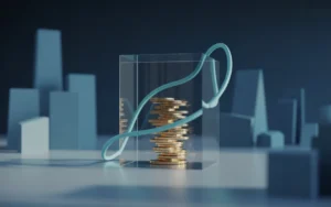 Vignette premium finance BMPA : lingot d’or et pièces empilées protégés dans une coque transparente, structure en couches interne et courbe lumineuse ascendante sur fond bleu navy de marché abstrait.