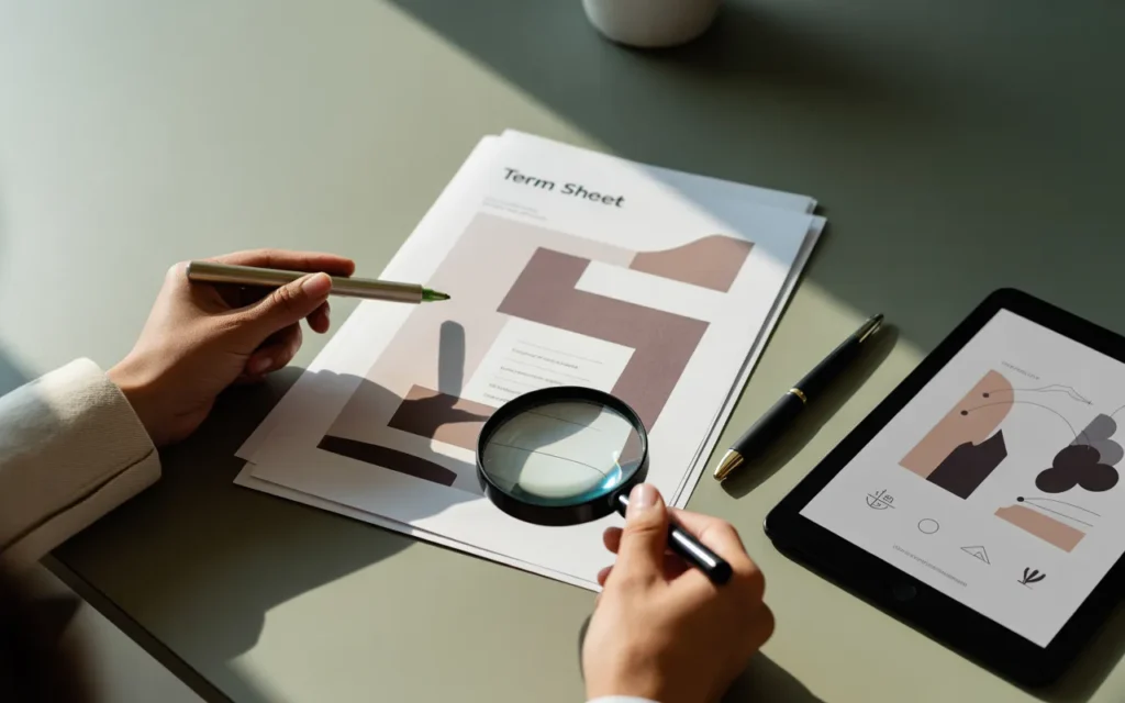 Vue légèrement plongeante d’un bureau moderne minimaliste en tons gris et bleu nuit, dossier term sheet sans texte avec blocs et graphiques abstraits sous loupe, mains avec surligneur et stylo, tablette affichant un diagramme de payoff stylisé et pictogrammes de risque — BMPA.