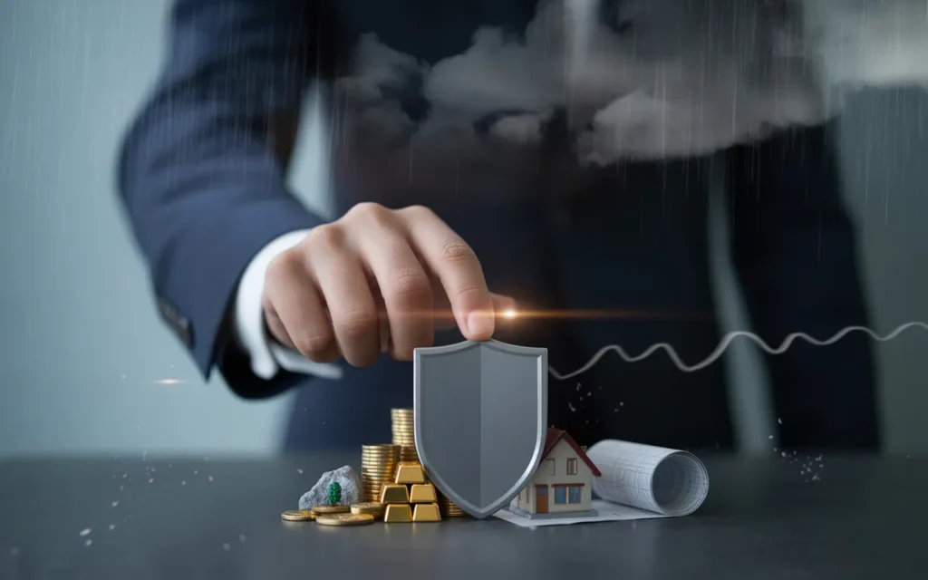 Vignette finance BMPA : main de gestionnaire en costume tenant un bouclier/parapluie protégeant pièces, lingots d’or, maison miniature et graphique financier, sous pluie et ciel orageux en arrière-plan.