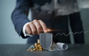 Vignette finance BMPA : main de gestionnaire en costume tenant un bouclier/parapluie protégeant pièces, lingots d’or, maison miniature et graphique financier, sous pluie et ciel orageux en arrière-plan.