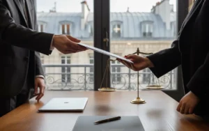 BMPA : mains d’un conseiller indépendant et d’un client échangeant un dossier sur une table élégante dans un bureau haussmannien lumineux à Paris, ordinateur portable et boussole en laiton, vue floue des toits parisiens en arrière-plan.