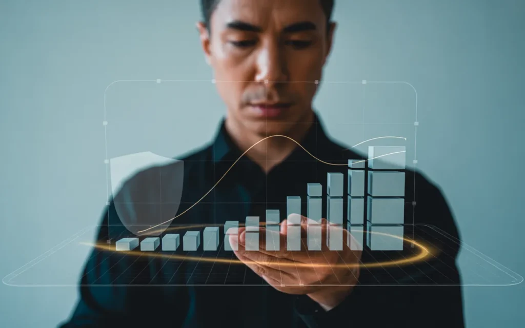 Vignette finance fintech BMPA : gestionnaire de portefeuille observant un hologramme transparent d’allocation dynamique d’actifs en blocs modulaires se rééquilibrant, avec courbe de performance stable et bouclier de gestion du risque, ambiance bleu nuit cyan et touches dorées.