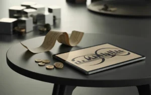 Vignette finance BMPA : scène studio premium de gestion obligataire et allocation d’actifs, tablette affichant graphiques abstraits, jetons métalliques, ruban type coupon vierge et formes géométriques équilibrées sur table graphite, tons bleu nuit et accents dorés.