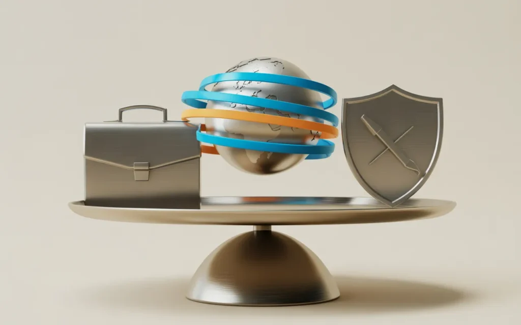 Vignette illustration 3D premium BMPA : balance en métal brossé avec portefeuille d’investissement et bouclier translucide, globe discret en arrière-plan et rubans lumineux bleu/orange symbolisant la volatilité du risque de change et la couverture hedging internationale.