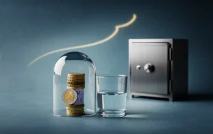 Vignette photoréaliste finance premium BMPA : pile de pièces et billets en euros sous dôme en verre, eau claire en récipient, courbe lumineuse ascendante et coffre-fort flou sur fond dégradé bleu nuit à gris ardoise, style minimaliste 16:9.