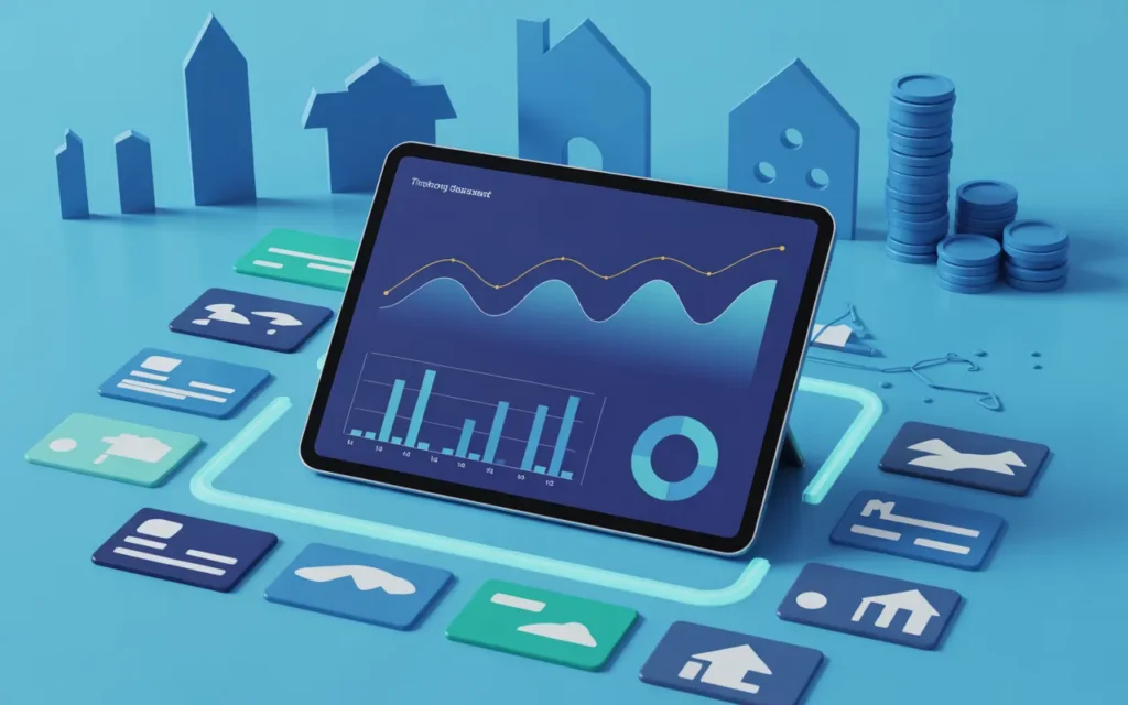 Vignette fintech isométrique 3D BMPA : tableau de bord central avec graphiques abstraits, agrégation de comptes via flux lumineux, arrière-plan discret immobilier et or.