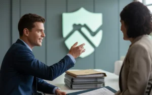 Vignette photo réaliste BMPA : conseiller en investissements financiers en costume échange avec un client dans un bureau lumineux, poignée de main et geste d’explication, dossiers fermés, contrat flouté, sceau neutre, bouclier discret et graphique financier abstrait sur écran, ambiance confiance et conformité.