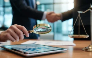 Vignette photoréaliste BMPA : main tenant une loupe au-dessus d’un document financier et d’une tablette avec graphiques, sceau de neutralité et balance sur un bureau, silhouettes floues se serrant la main dans un cabinet de conseil moderne.