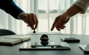 Illustration photo-réaliste corporate premium BMPA : vue en légère plongée d’une table de réunion moderne avec deux mains, l’une déplaçant un jeton sur un plateau stratégique et l’autre pointant un graphique abstrait, balance minimaliste au centre, accessoires sobres sur fond bleu nuit et lumière naturelle douce.