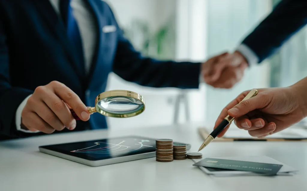 Vignette finance premium BMPA : main en costume tenant une loupe sur un relevé de frais flou, stylo pointant des pièces empilées et une carte bancaire, graphique de performance abstrait et poignée de main défocalisée en bureau lumineux minimaliste.