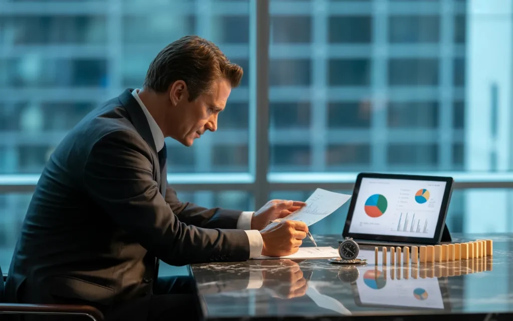 Vignette photoréaliste BMPA : investisseur fortuné dans bureau moderne avec skyline floue, tablette montrant camemberts d’allocation d’actifs abstraits, documents financiers et graphes, symboles de stratégie et gestion du risque (boussole, dominos, camembert déséquilibré puis rééquilibré) sur table en marbre, ambiance luxe discret bleu nuit.