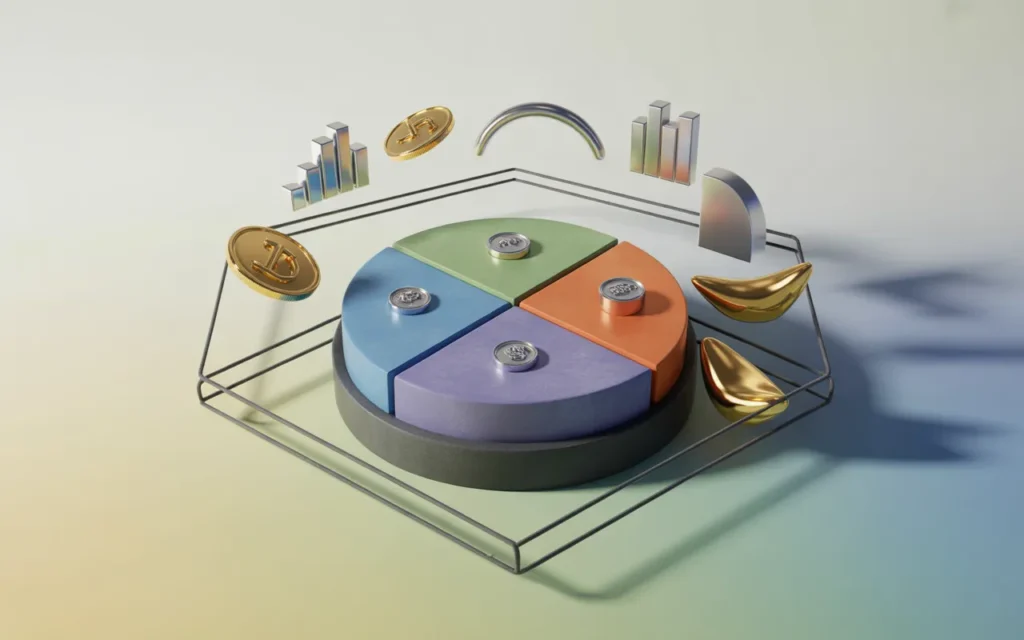 Illustration 3D semi-réaliste BMPA d’un camembert d’allocation d’actifs en relief, segments colorés sobres, avec symboles minimalistes (barres obligations, pièces cash, courbe actions, bâtiment immobilier, lingot), socle stable et bouclier discret sur fond clair dégradé, sans texte ni logo.