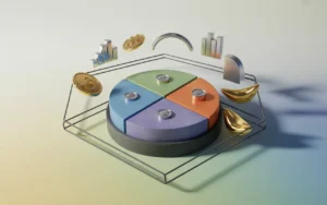 Illustration 3D semi-réaliste BMPA d’un camembert d’allocation d’actifs en relief, segments colorés sobres, avec symboles minimalistes (barres obligations, pièces cash, courbe actions, bâtiment immobilier, lingot), socle stable et bouclier discret sur fond clair dégradé, sans texte ni logo.