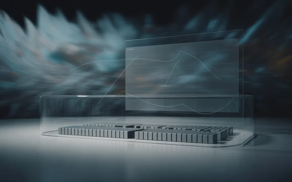 Vignette 3D photoréaliste BMPA : blocs d’allocation d’actifs sous bulle de protection en verre devant tableau de bord financier abstrait, tempête de crise en arrière-plan et effet de scanning lumineux, palette bleu nuit cyan.