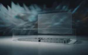 Vignette 3D photoréaliste BMPA : blocs d’allocation d’actifs sous bulle de protection en verre devant tableau de bord financier abstrait, tempête de crise en arrière-plan et effet de scanning lumineux, palette bleu nuit cyan.