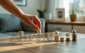 Vignette premium BMPA en photo réaliste : main plaçant des jetons géométriques sur une feuille de route stylisée pour stratégie patrimoniale et plan d’investissement, bureau moderne lumineux, symboles d’allocation minimalistes, arrière-plan chaleureux flou avec plante et tasse, palette bleu nuit vert profond beige chaud.