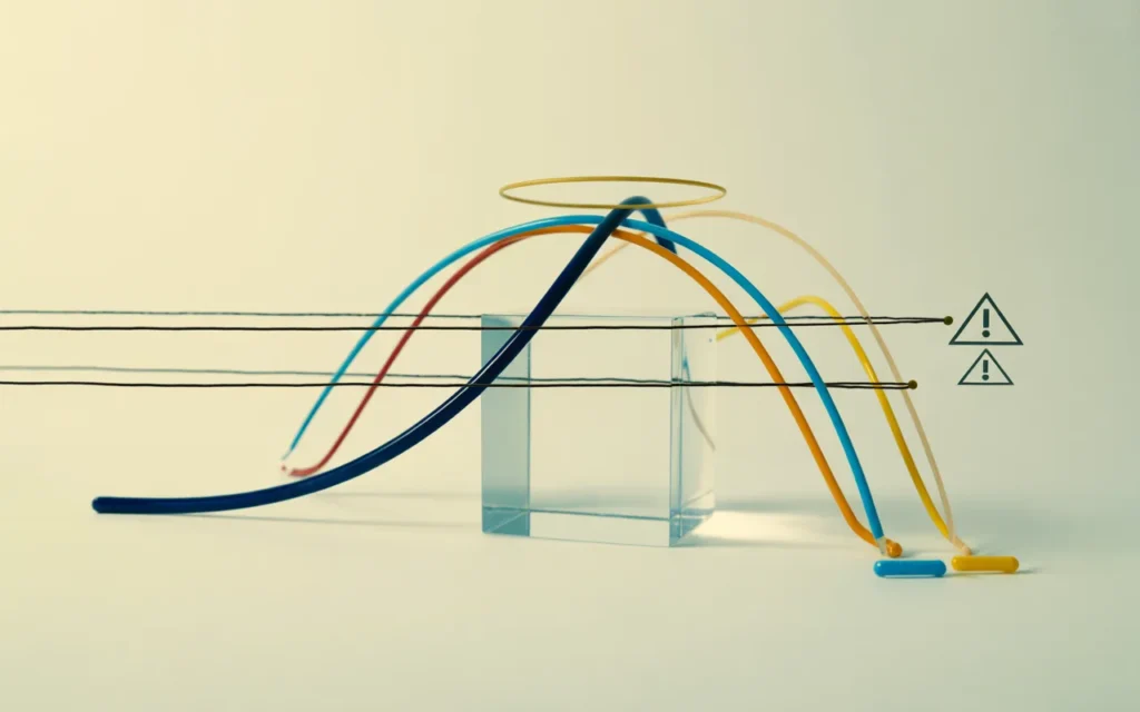 Vignette finance premium BMPA illustrant des produits structurés autocall : courbe de performance sur fond clair avec barrières horizontales, signal lumineux de déclenchement, trois trajectoires scénarios (hausse/flat/baisse contrôlée) et zone d’ombre de risque, avec éléments 3D subtils.