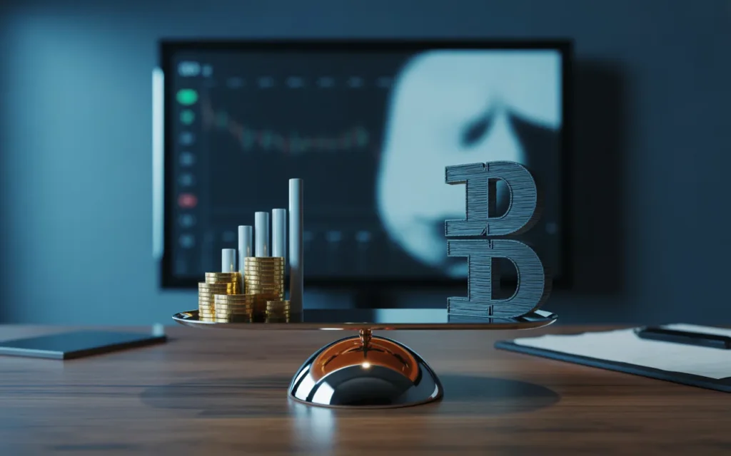 Illustration 3D réaliste premium BMPA d’un prêt lombard : balance métallique légèrement déséquilibrée opposant piles de pièces dorées et graphique en relief à un poids de dette, bureau élégant, écran de trading flou bleu nuit et notification abstraite d’appel de marge.