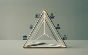 Vignette infographie premium BMPA : triangle de sécurité en 3D avec pictogrammes banque/coffre, assureur (bouclier) et régulateur/État reliés par des liaisons lumineuses, fond discret carte du Luxembourg, tons bleu nuit et accents dorés.