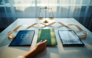 BMPA : vignette photo réaliste 16:9 d’optimisation fiscale en France, mains organisant assurance‑vie (dossier avec bouclier), PEA (carte verte avec graphique) et compte‑titres (tablette portefeuille), reliés par un ruban lumineux vers une balance, bureau moderne premium avec arrière‑plan financier flou.