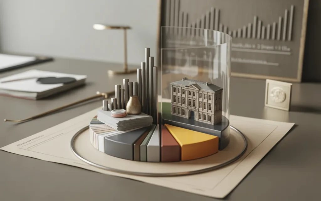 Vignette infographie premium photoréaliste 3D sur bureau moderne montrant allocation d’actifs en camembert (actions, obligations, immobilier, liquidités) avec tampon administratif, balance et bouclier transparent, blocs de pression fiscale sur l’immobilier, palette bleu nuit et doré — BMPA