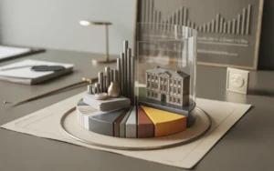 Vignette infographie premium photoréaliste 3D sur bureau moderne montrant allocation d’actifs en camembert (actions, obligations, immobilier, liquidités) avec tampon administratif, balance et bouclier transparent, blocs de pression fiscale sur l’immobilier, palette bleu nuit et doré — BMPA