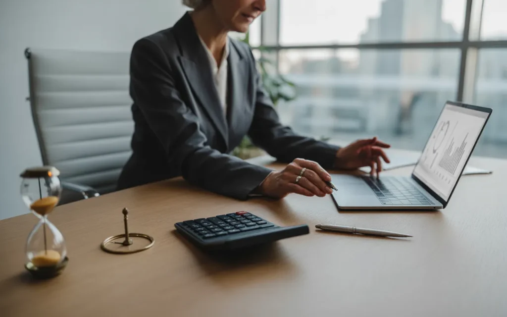 Vignette premium BMPA : dirigeant d’entreprise en bureau moderne examinant un dossier patrimonial, avec ordinateur portable à écran neutre, calculatrice, stylo, boussole et sablier, vue urbaine en arrière-plan, ambiance corporate haut de gamme.