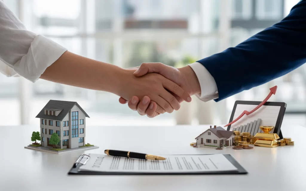 Vignette photo premium BMPA : poignée de main au-dessus d’un contrat et d’un stylo, maquette d’immeuble symbolisant la cession d’entreprise, tablette avec graphique en hausse et objets de diversification (mini-maison, lingot, carnet) dans un bureau moderne lumineux.