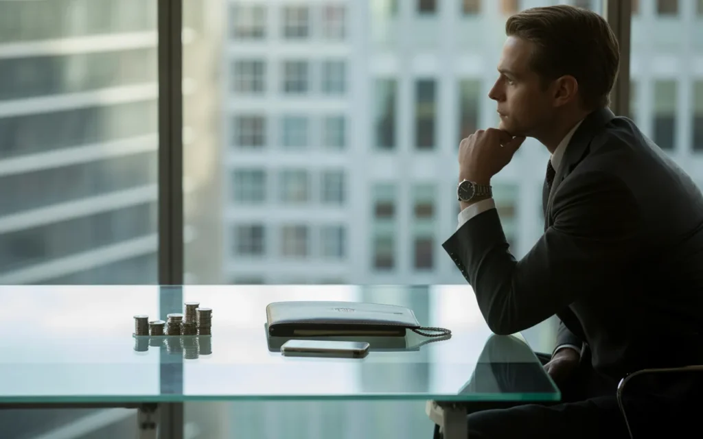 Vignette premium BMPA : manager en tenue business de dos devant un bureau en verre avec jetons métalliques, dossier fermé et smartphone, skyline d’affaires floutée et trois faisceaux lumineux symbolisant des choix d’investissement après un exit.