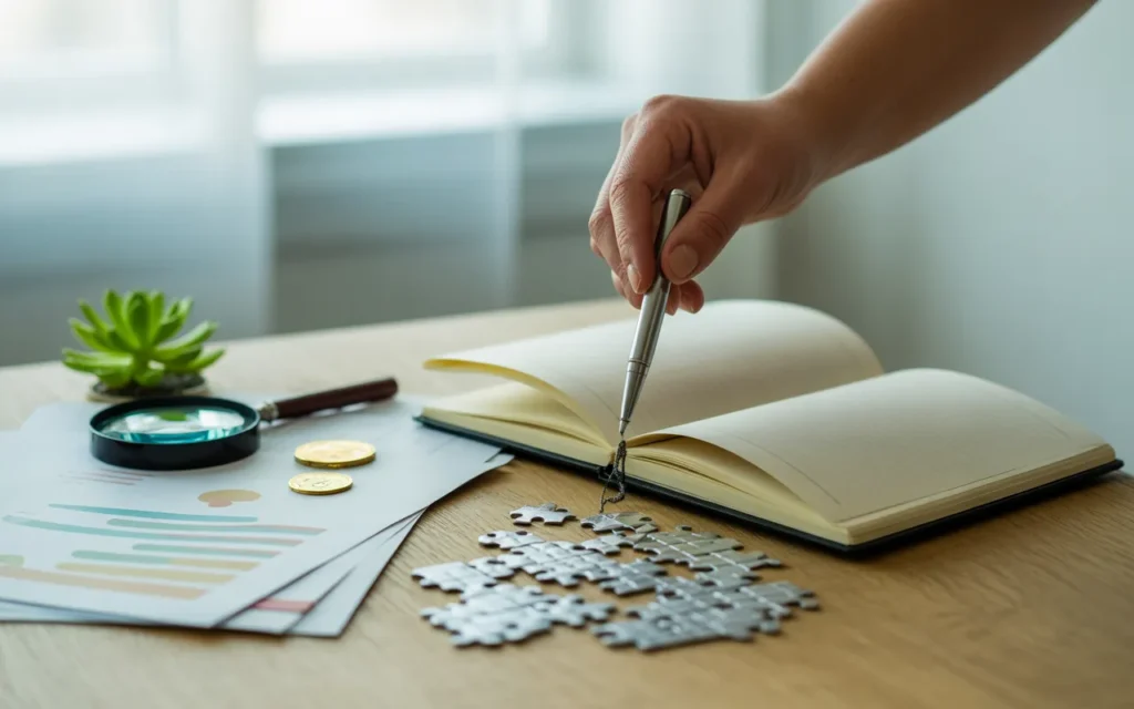Vignette BMPA d’analyse patrimoniale avant investissement : bureau clair en vue de dessus avec mains tenant un stylo au-dessus d’un carnet vierge, puzzle incomplet, loupe près de feuilles à graphiques abstraits, mini maison, pièce dorée, plante verte et calculatrice écran éteint.
