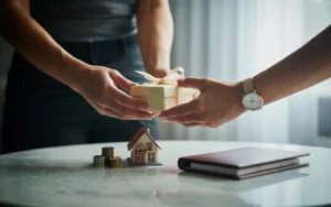 Vignette finance BMPA : mains se transmettant des clés ou une boîte cadeau sur bureau clair, avec maison miniature, pièces, chemise de documents sans inscription et sablier, ambiance premium gestion de patrimoine.
