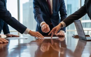 BMPA – Vignette photoréaliste 16:9 d’un bureau moderne : trois personnes signent des documents, poignée de main sur un dossier, sceau neutre, ordinateur avec graphe abstrait, arrière-plan d’entreprise flouté, tons bleu et gris avec touches dorées.