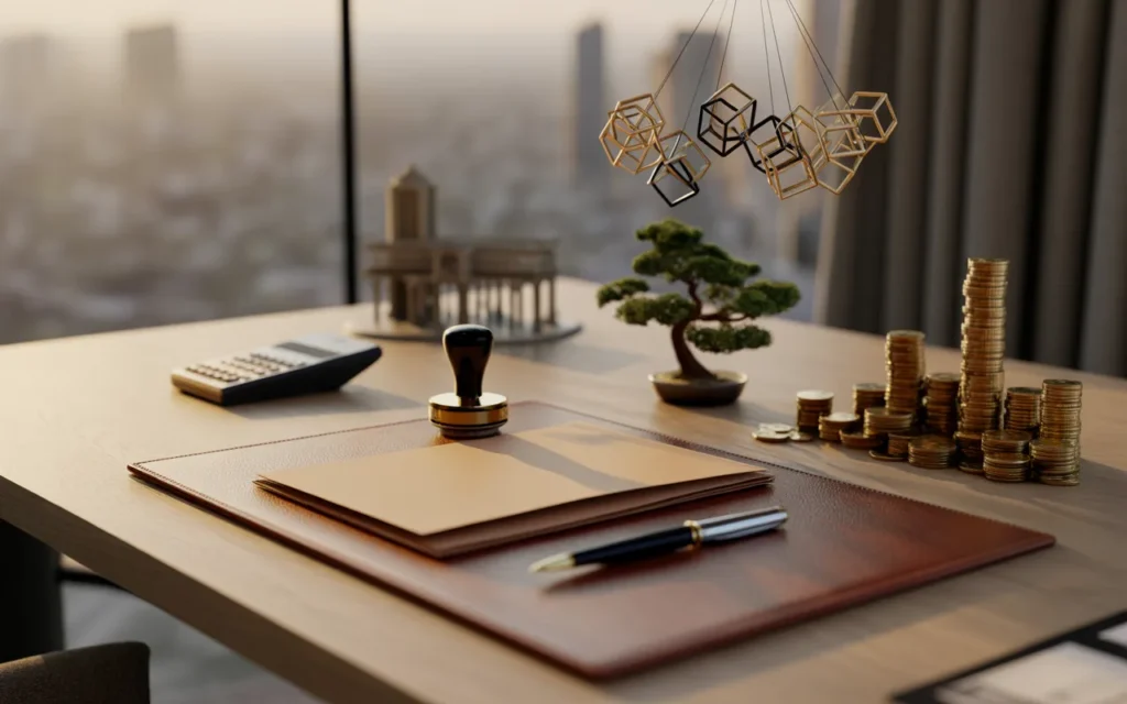 Vignette article finance 16:9 photoréaliste premium : bureau corporate avec classeur ouvert, tampon encreur, stylo plume, calculatrice, arbre miniature et pièces empilées, cubes reliés type holding, skyline urbaine et maquette de maison floutées en arrière-plan, palette bleu nuit et doré, espace négatif, sans texte — BMPA