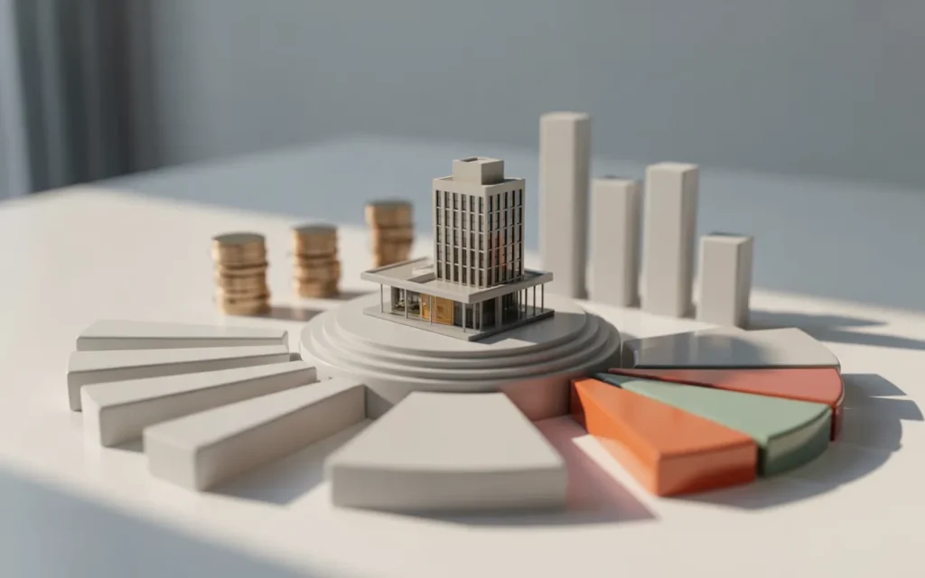 Vignette 3D photoréaliste BMPA : mini immeuble contemporain sur socle circulaire, entouré de pièces, blocs abstraits, barres de graphique, cartes neutres et camembert de répartition en relief, style fintech premium épuré.