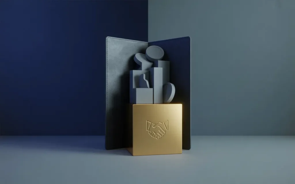 Illustration 3D premium BMPA : porte-documents en cuir bleu nuit entrouvert laissant flotter pièces métalliques, blocs et segments d’allocation, avec un cube doré brossé symbole du private equity, sur fond dégradé bleu nuit à gris ardoise, sans texte ni logo.