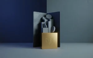 Illustration 3D premium BMPA : porte-documents en cuir bleu nuit entrouvert laissant flotter pièces métalliques, blocs et segments d’allocation, avec un cube doré brossé symbole du private equity, sur fond dégradé bleu nuit à gris ardoise, sans texte ni logo.