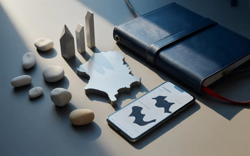 Vignette photoréaliste flat lay sur bureau minimaliste : carte stylisée du Luxembourg, dossier financier et smartphone avec graphiques abstraits, piles de jetons illustrant l’allocation d’actifs et mini-icônes de supports (immobilier, actions, obligations), ambiance private banking premium bleu nuit/gris avec touche rouge, BMPA.