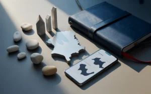 Vignette photoréaliste flat lay sur bureau minimaliste : carte stylisée du Luxembourg, dossier financier et smartphone avec graphiques abstraits, piles de jetons illustrant l’allocation d’actifs et mini-icônes de supports (immobilier, actions, obligations), ambiance private banking premium bleu nuit/gris avec touche rouge, BMPA.