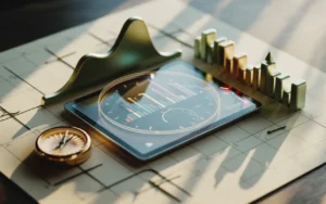 Vignette 3D premium BMPA : bureau minimaliste avec tablette affichant un tableau de bord financier sans texte (graphiques, jauges, camembert, allocation, timeline), calendrier abstrait et compas discret, halo lumineux et palette bleu marine vert émeraude doré.