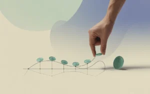 Illustration fintech minimaliste en flat design/semi‑3D montrant une main déposant des jetons identiques à intervalles réguliers sur une courbe de marché volatile légèrement haussière (DCA), avec contraste d’un gros jeton unique à part — BMPA