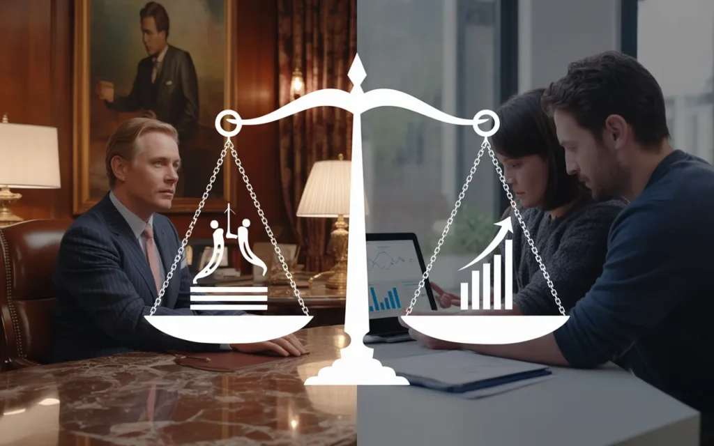 Vignette photoréaliste diptyque comparant banque privée et conseiller indépendant, avec intérieur luxueux marbre et laiton à gauche, bureau moderne lumineux à droite, balance centrale et pictogrammes abstraits coûts/valeur ajoutée/différences, style corporate premium bleu nuit et accents or, BMPA.