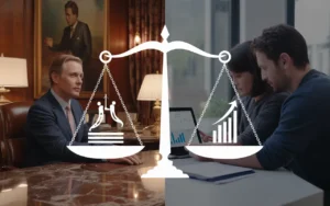 Vignette photoréaliste diptyque comparant banque privée et conseiller indépendant, avec intérieur luxueux marbre et laiton à gauche, bureau moderne lumineux à droite, balance centrale et pictogrammes abstraits coûts/valeur ajoutée/différences, style corporate premium bleu nuit et accents or, BMPA.